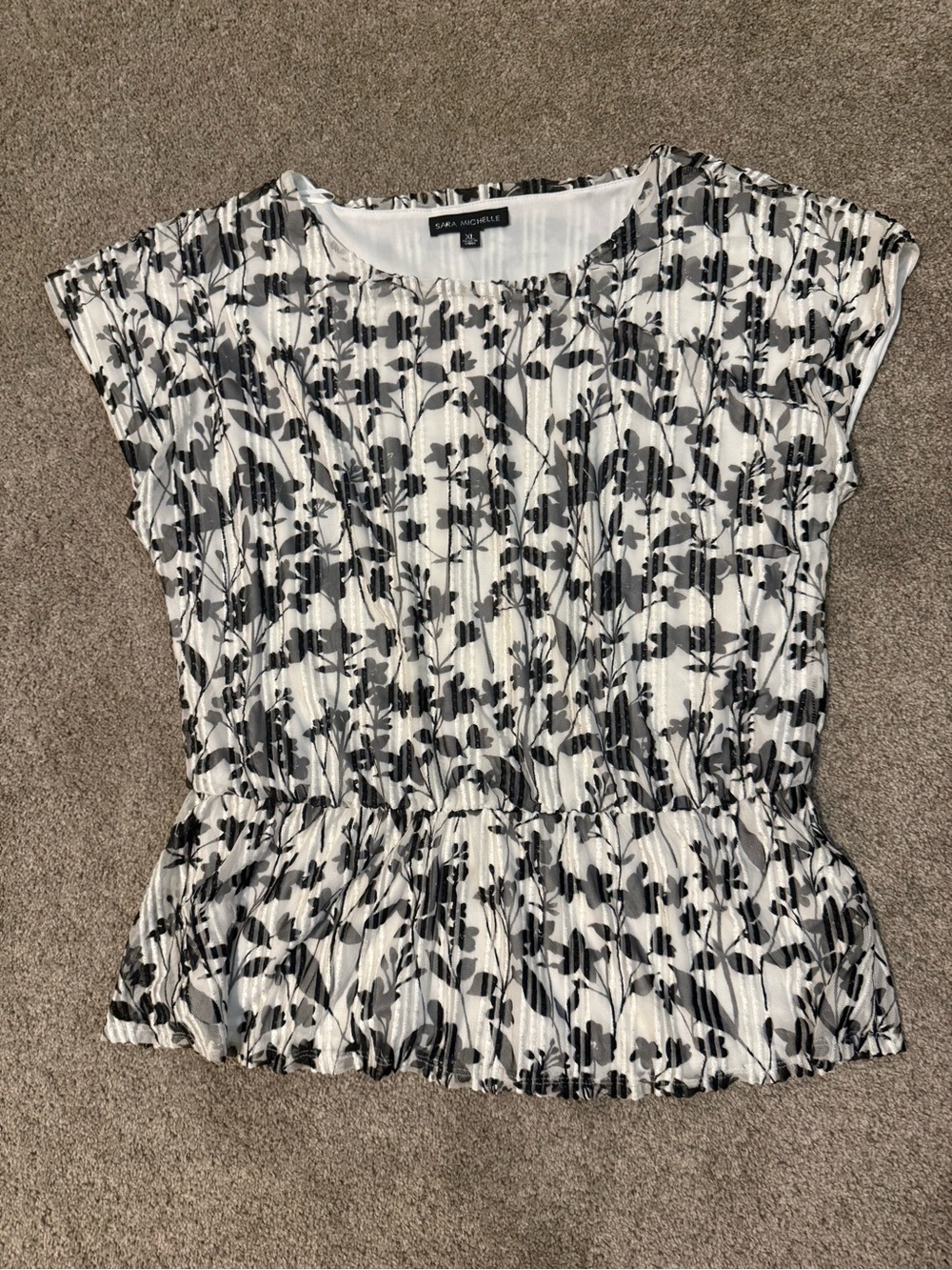 Sara Michelle Black & White Floral Pleated Peplum Top